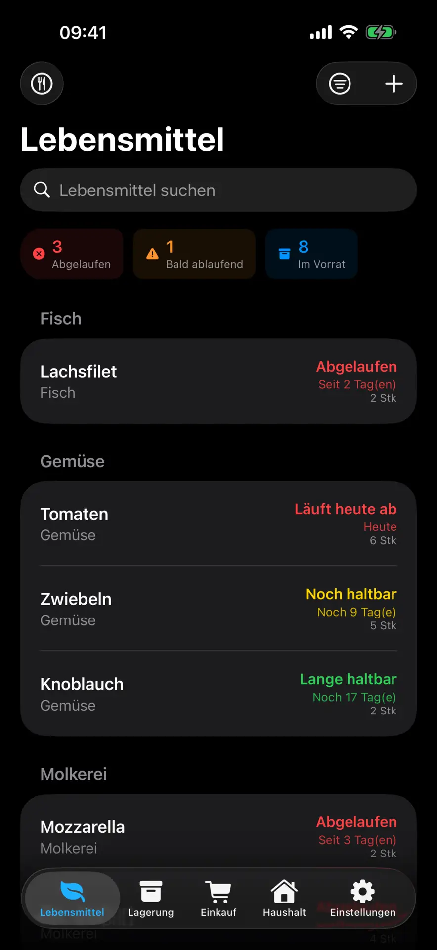 FreshTrack App mit strukturierter Lebensmittelübersicht und Prozesslogik
