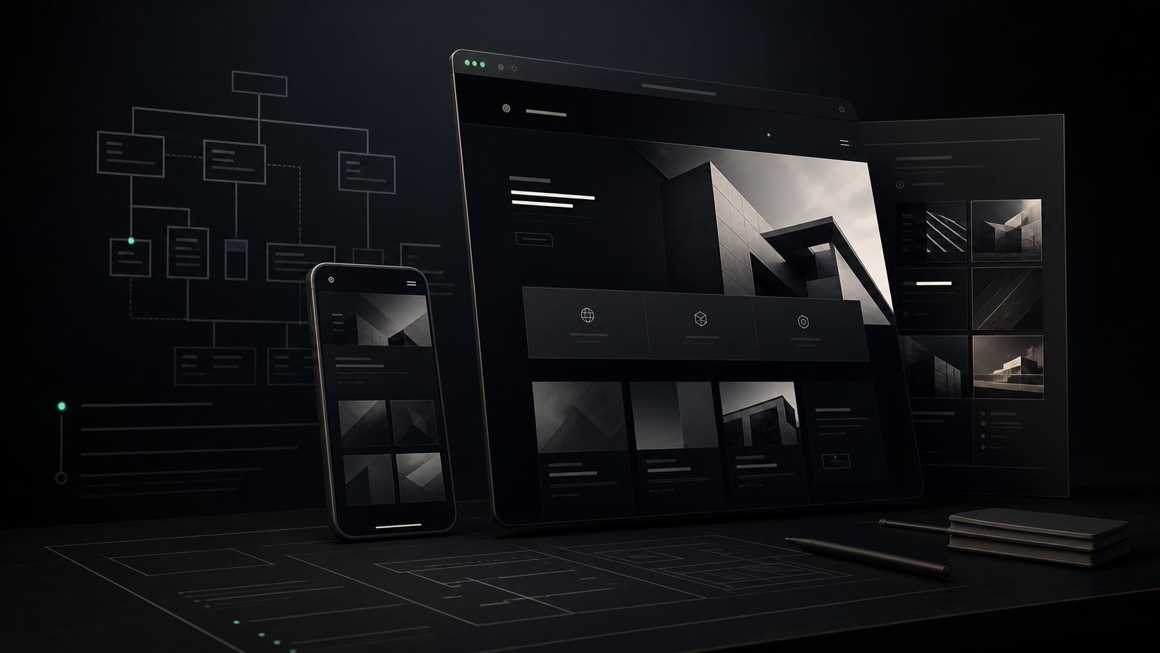 Interface-System einer Unternehmenswebsite mit Navigation, Komponenten und Anfrageweg