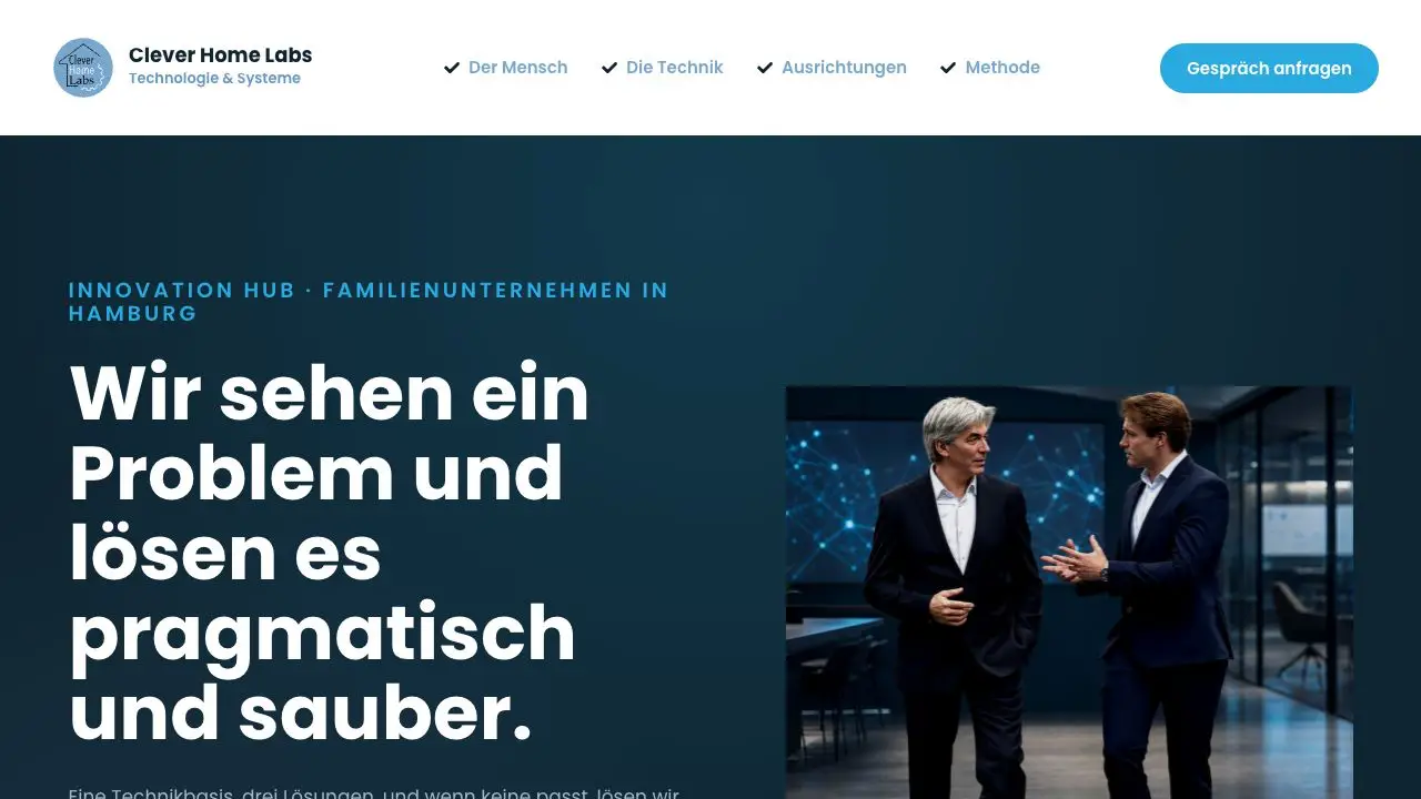 Clever Home Labs Startseite mit Positionierung als Innovation Hub