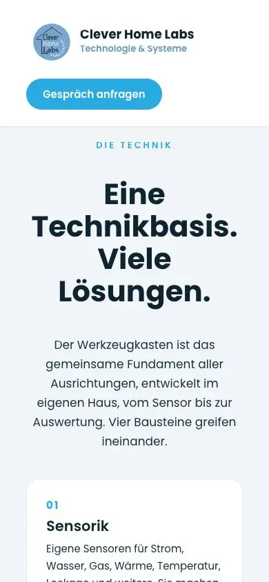 Mobile Darstellung der Clever Home Labs Technikseite