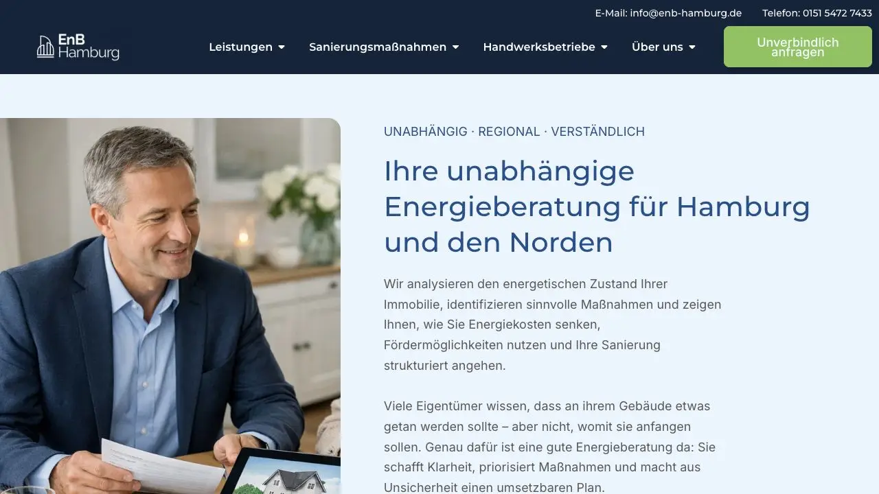 EnB Hamburg Leistungsseite zur Energieberatung mit verständlicher Beratungsführung