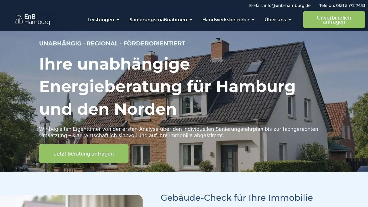 EnB Hamburg Startseite mit Positionierung als unabhängige Energieberatung für Hamburg und den Norden