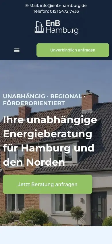 Mobile EnB Hamburg Startseite mit regionaler Positionierung und Anfrageweg
