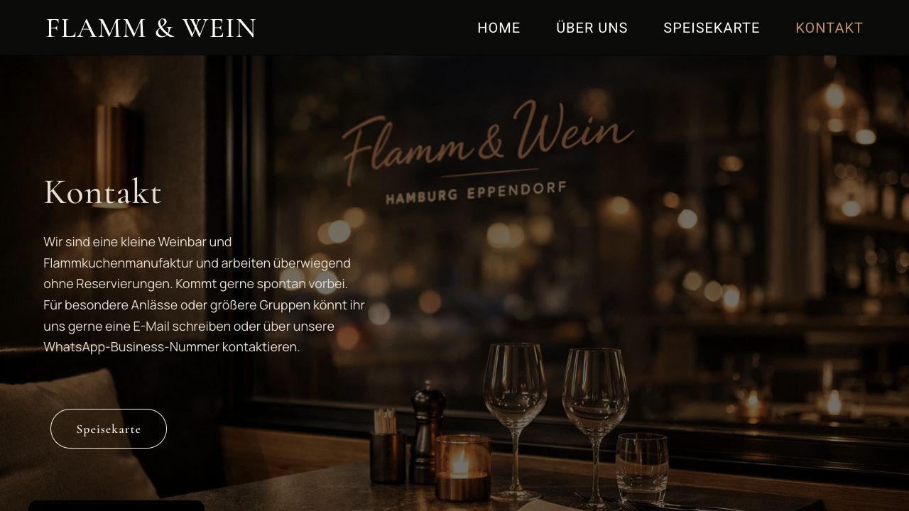 Kontaktseite von Flamm & Wein mit Informationen für spontane Besuche und Gruppenanfragen