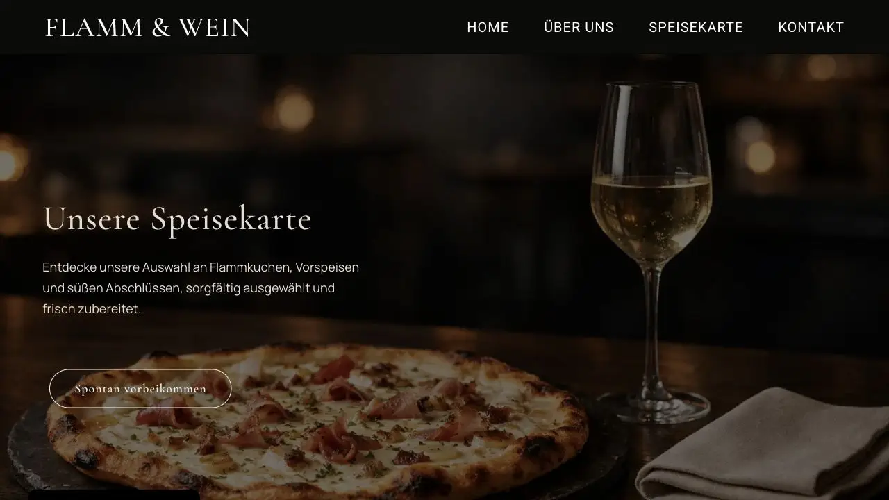 Flamm & Wein Speisekarte mit Flammkuchen und kuratierter Weinauswahl
