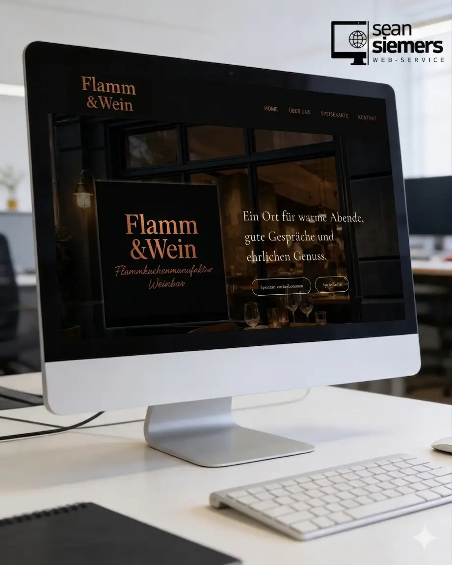 Social-Media-Launchmotiv von Flamm & Wein mit Website-Mockup