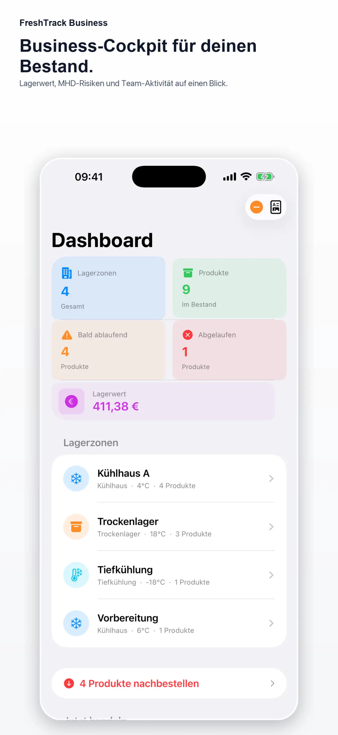 FreshTrack Business-Cockpit für professionelle Lebensmittelbestände
