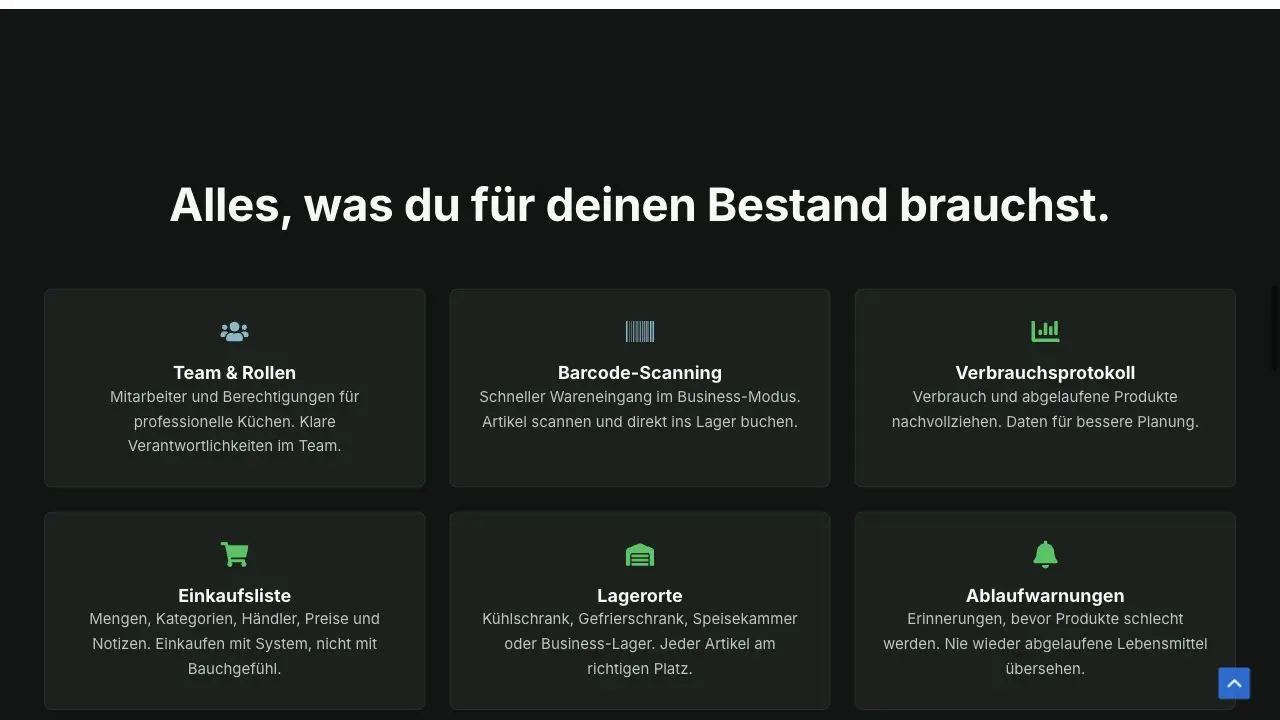 FreshTrack Website mit Funktions- und Prozessübersicht