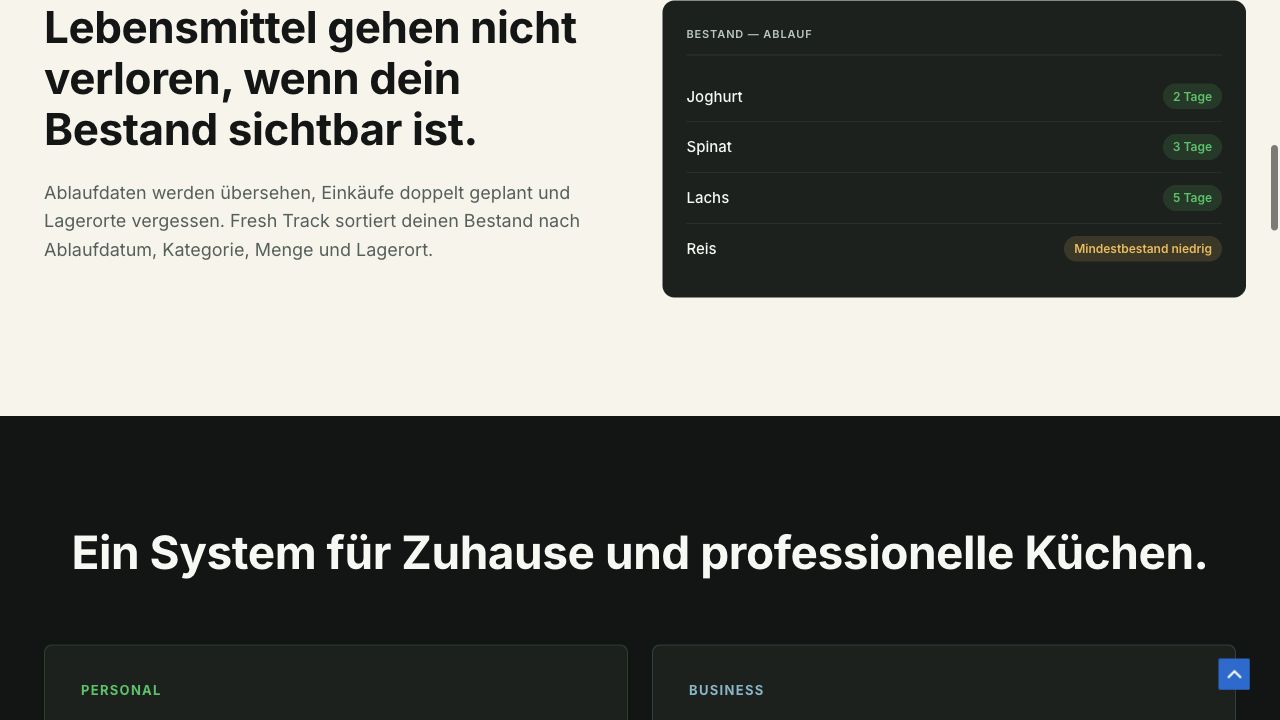 FreshTrack Website mit Personal- und Business-Modus