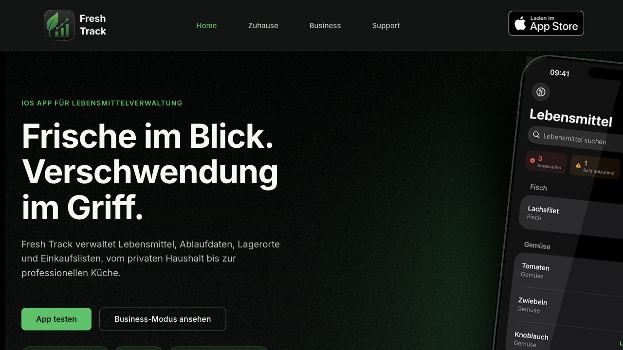 FreshTrack Website mit dem Nutzenversprechen Frische im Blick, Verschwendung im Griff