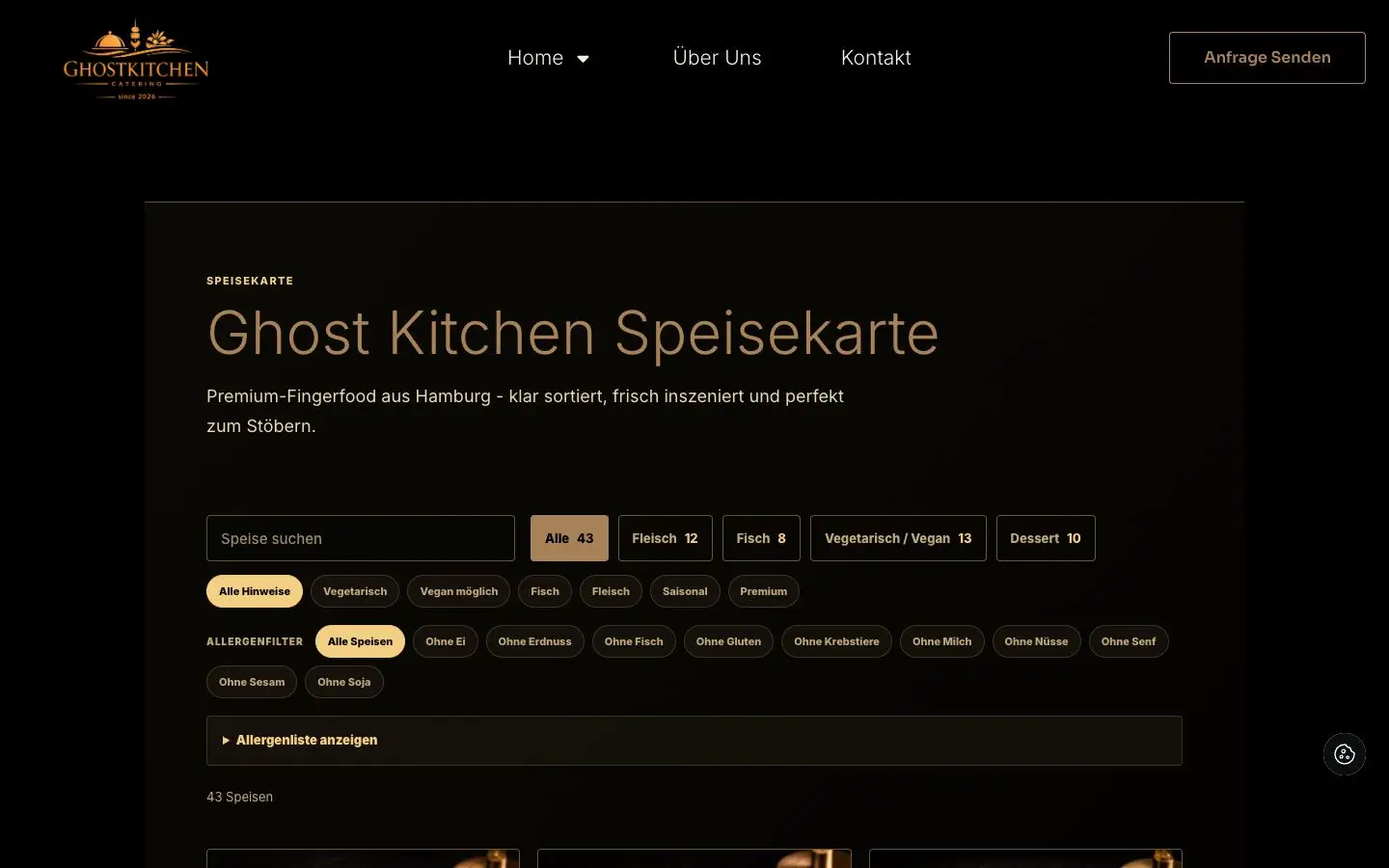 Filterbare Ghost Kitchen Speisekarte mit Gerichten und Kategorien