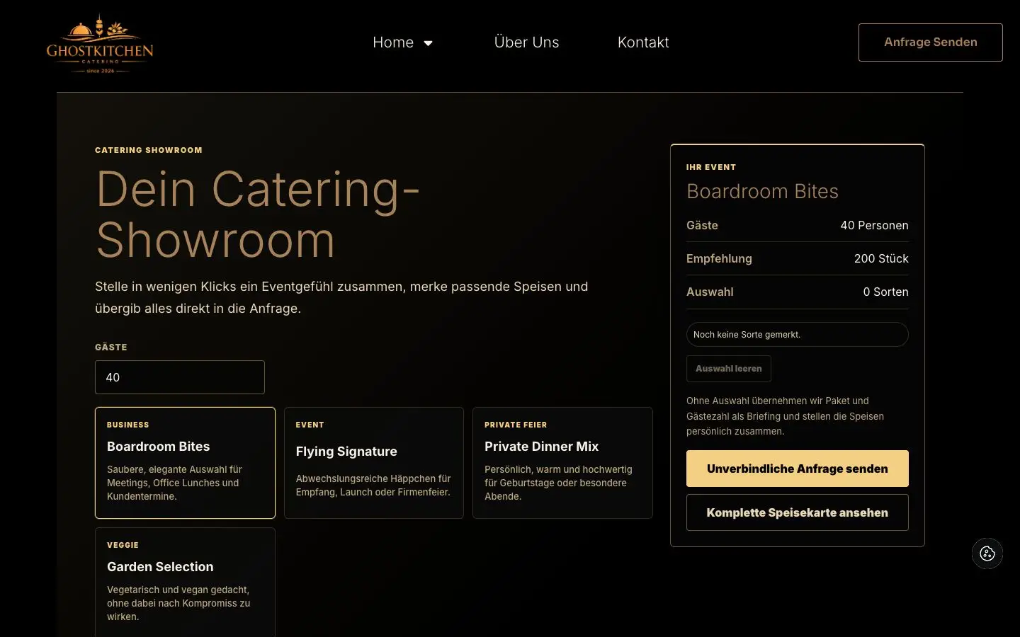 Ghost Kitchen Showroom mit Catering-Paketen und Mengenzusammenfassung