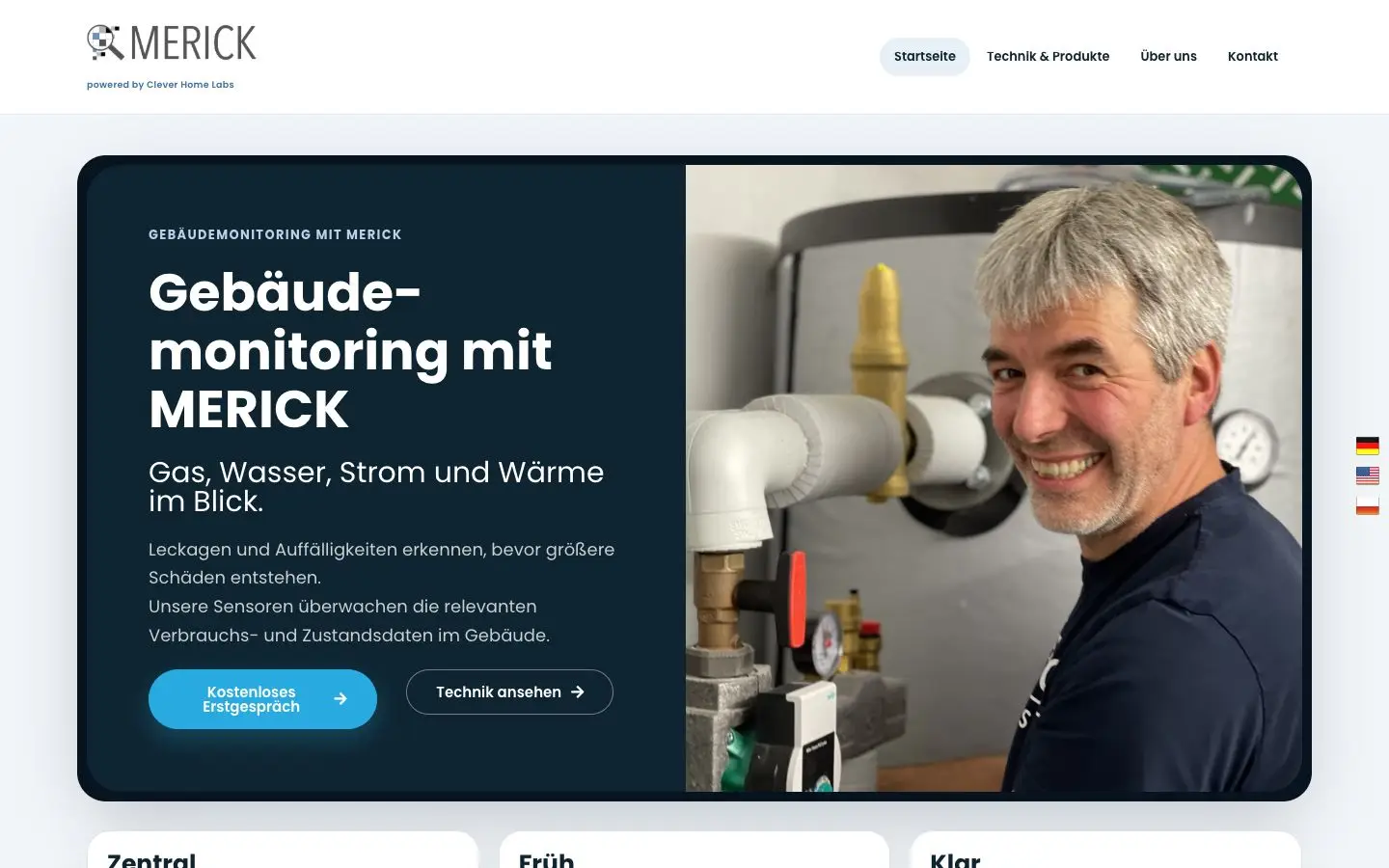 MERICK Startseite mit Gebäudemonitoring, Nutzenversprechen und direktem Erstgespräch