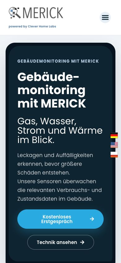 Mobile MERICK Startseite mit Gebäudemonitoring und klaren Handlungswegen