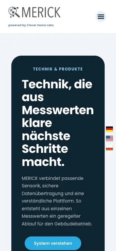 Mobile MERICK Technikseite mit Hardware und verständlicher Produktkommunikation