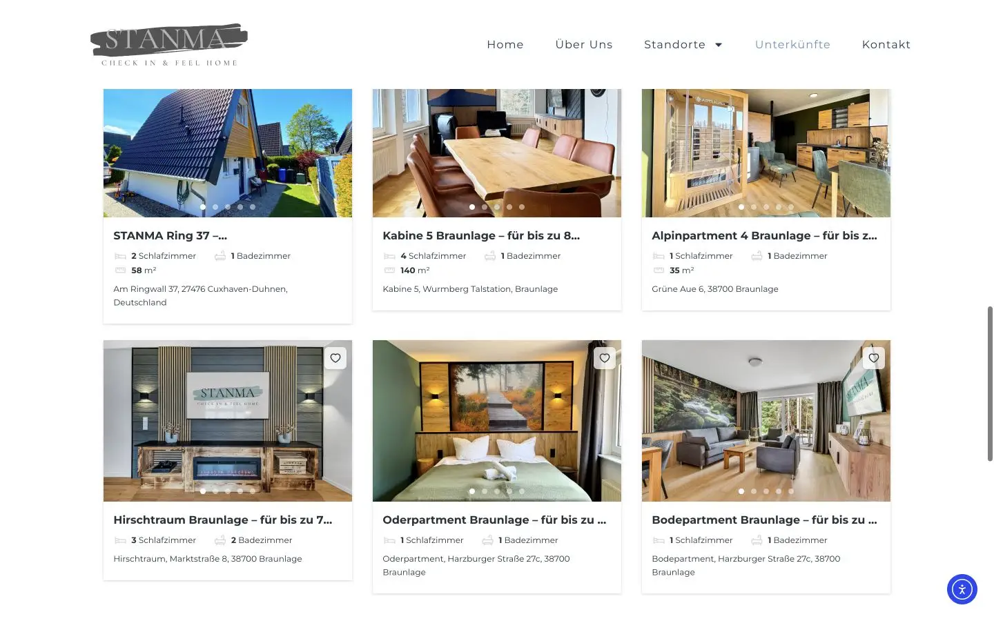 Desktop-Übersicht der STANMA Feelhome Unterkünfte mit Fotos, Eckdaten und Standorten