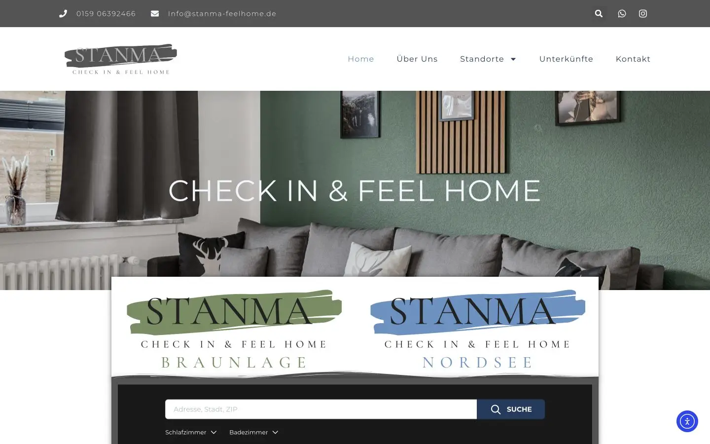 STANMA Feelhome Startseite mit bildstarkem Interior-Hero und zentraler Unterkunftssuche