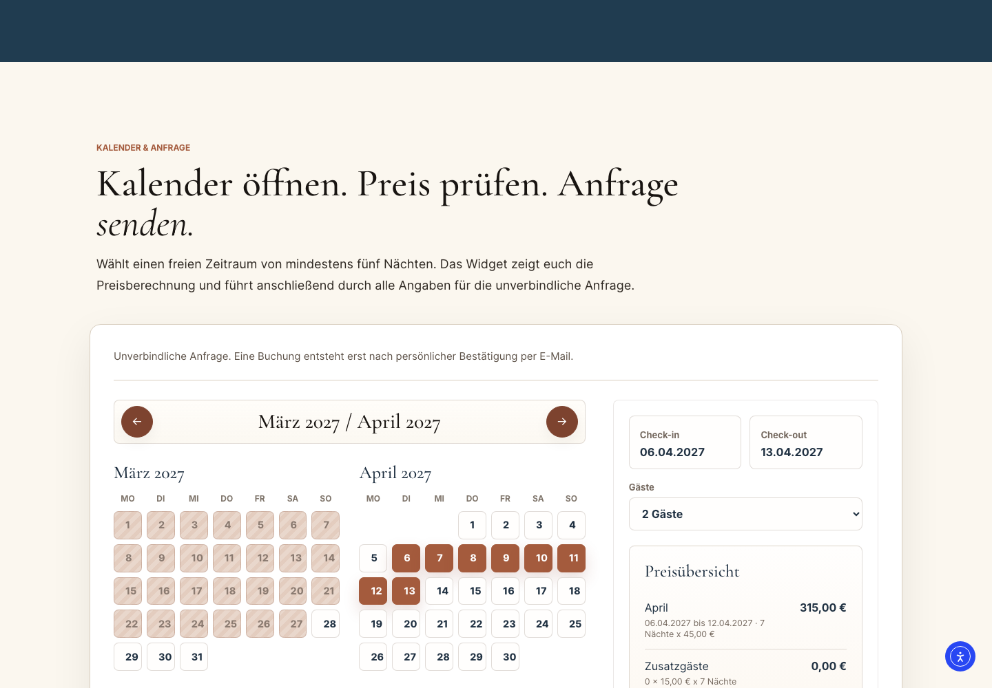 Studio Calpe Buchungskalender mit Preisberechnung