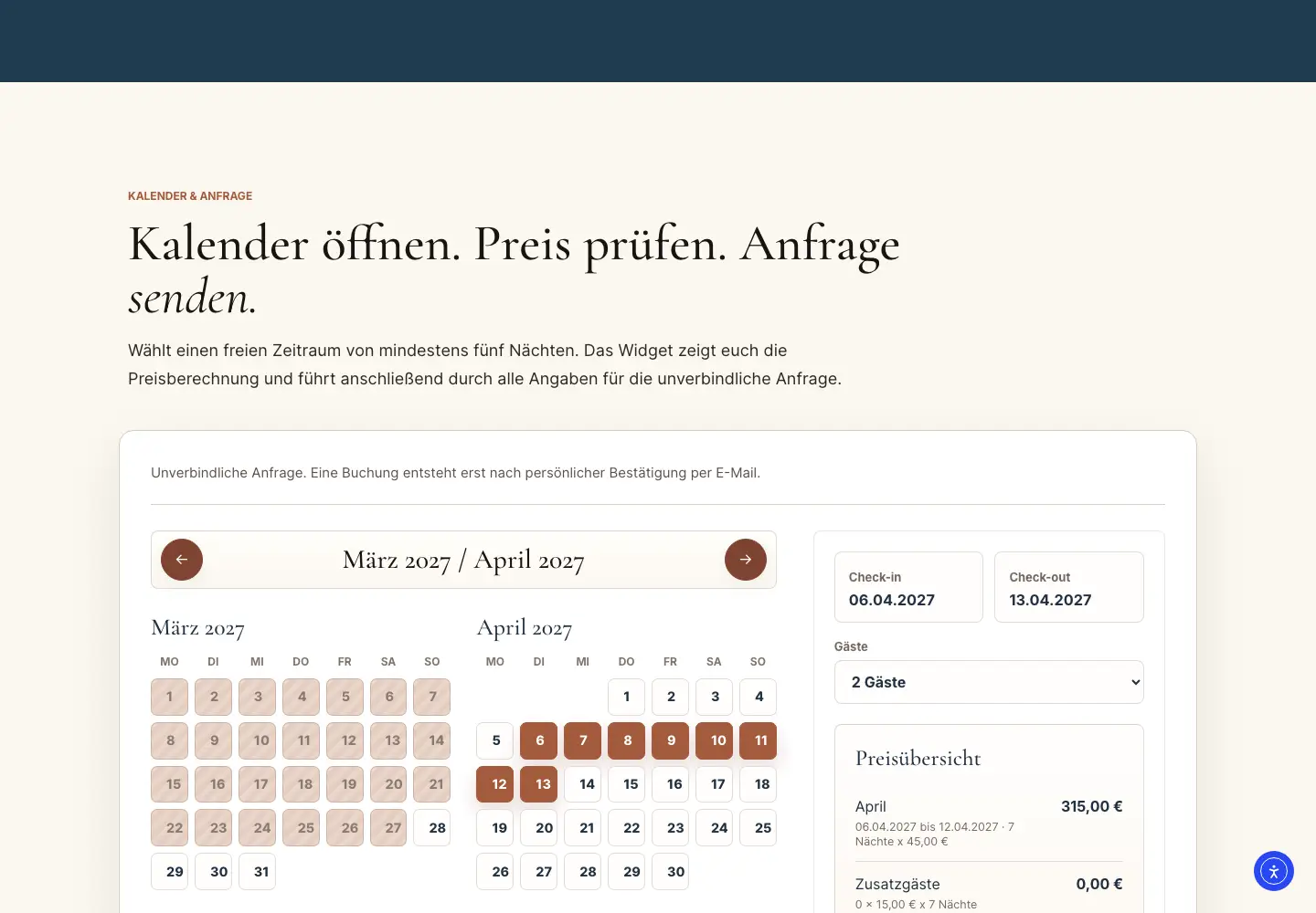Studio Calpe Buchungskalender mit ausgewähltem Zeitraum und Preisorientierung