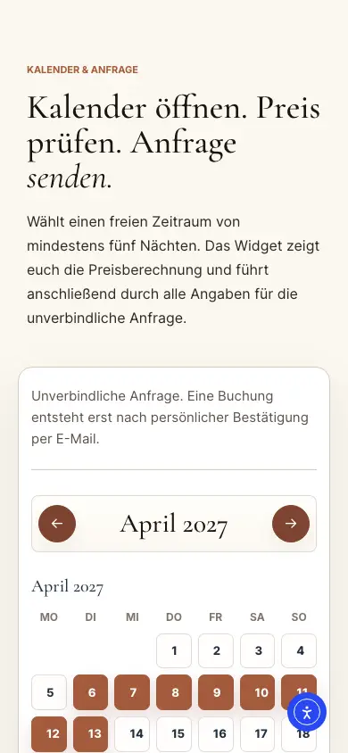 Mobiler Studio Calpe Buchungskalender mit ausgewähltem Zeitraum