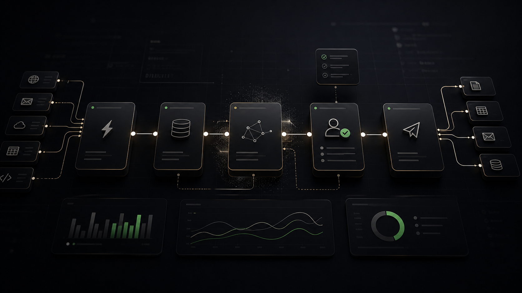 Workflow-Diagramm mit Eingabe, KI-Schritten, menschlicher Prüfung und Ausgabe