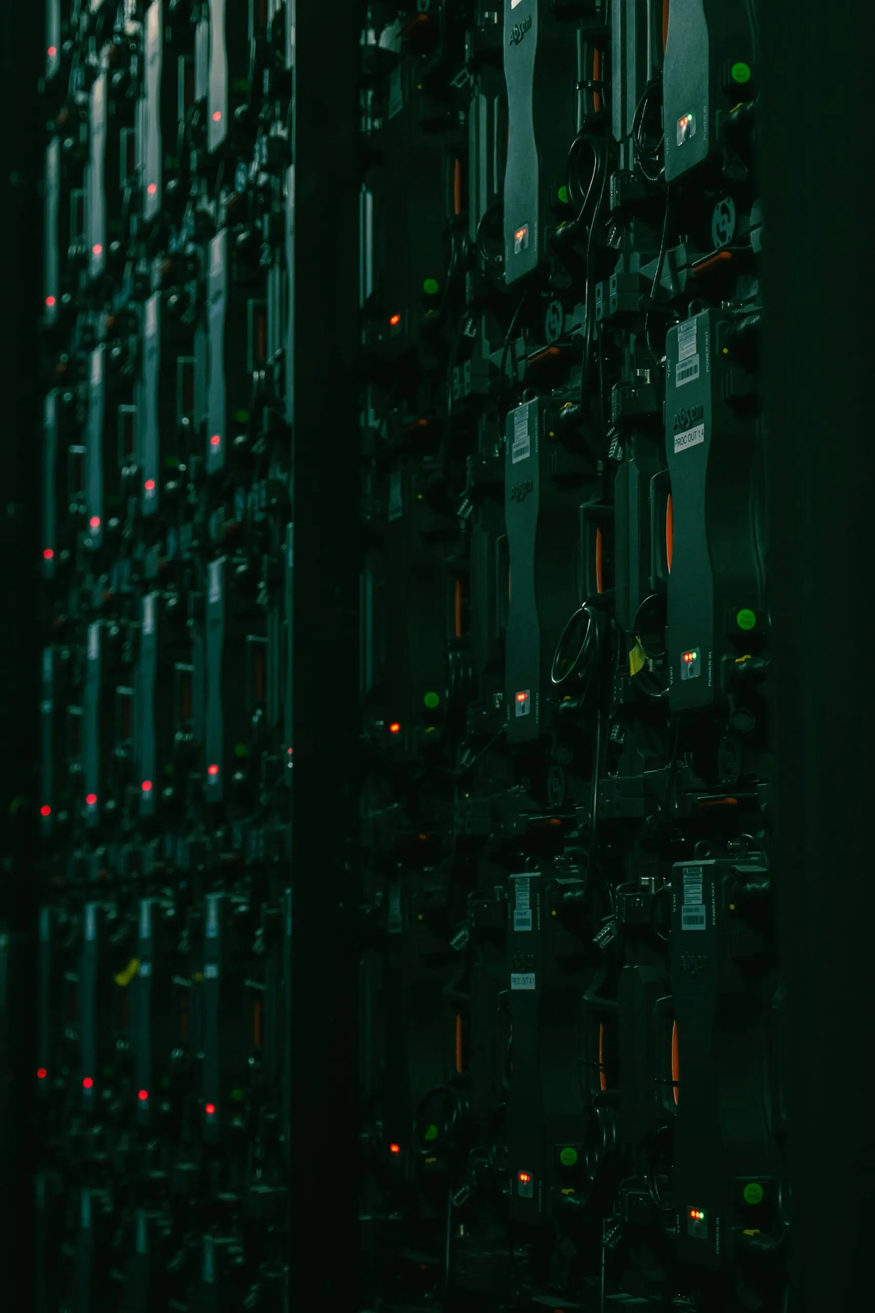 Dunkle Server-Infrastruktur mit grünen Statussignalen
