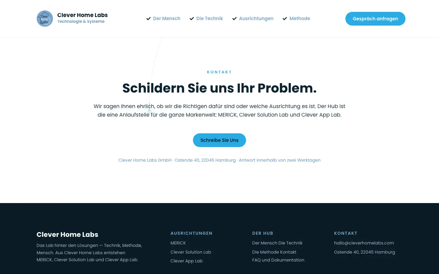Kontaktbereich von Clever Home Labs mit Gesprächsanfrage und den öffentlichen Kontaktdaten in Hamburg