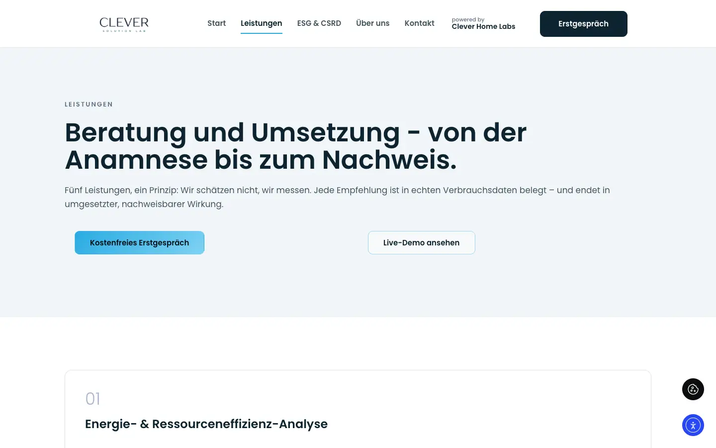 Clever Solution Lab: Beratung und Umsetzung von der Anamnese bis zum Nachweis – Desktopansicht der Leistungen