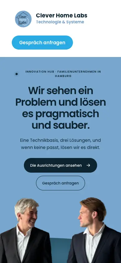 Aktualisierte Clever-Home-Labs-Startseite mit Matthias und Anton – mobile Ansicht
