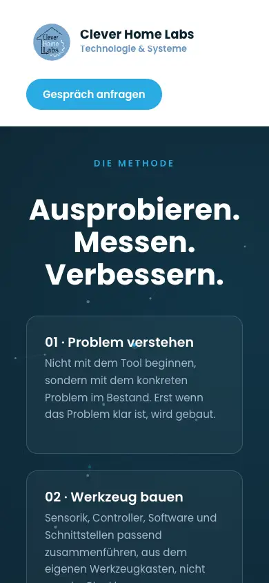 Mobile Ansicht der Clever-Home-Labs-Methode mit den Schritten Problem verstehen und Werkzeug bauen