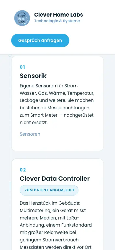 Mobile Ansicht der Clever-Home-Labs-Technikbausteine Sensorik und Clever Data Controller