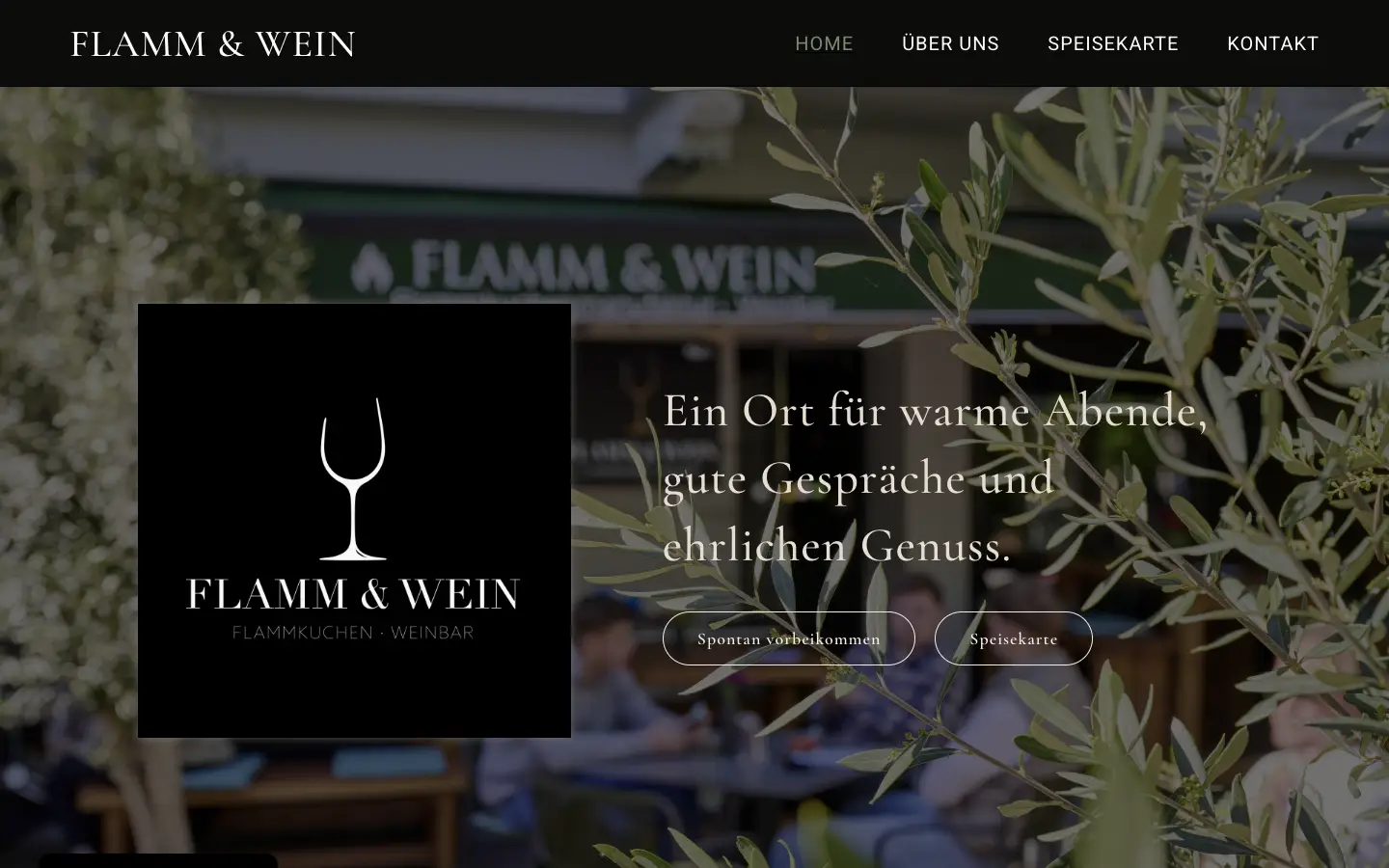 Neue Startseite von Flamm & Wein mit Restaurantfoto, Logo und direktem Einstieg zu Besuch und Speisekarte