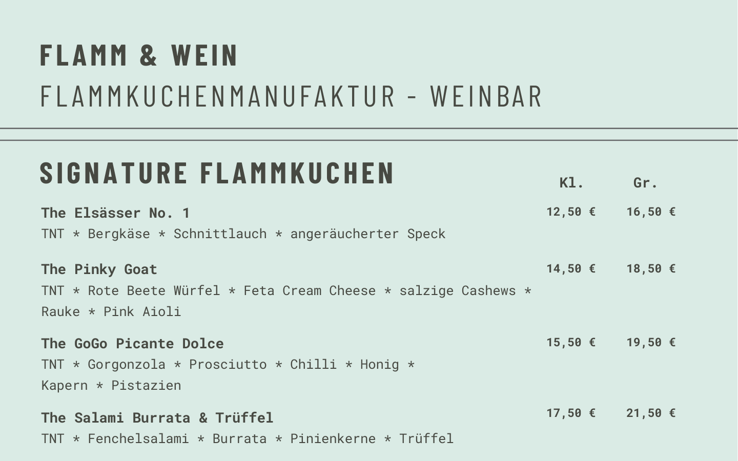 Aktuelle digitale Speisekarte von Flamm & Wein mit Signature Flammkuchen, Zutaten und zwei Portionsgrößen