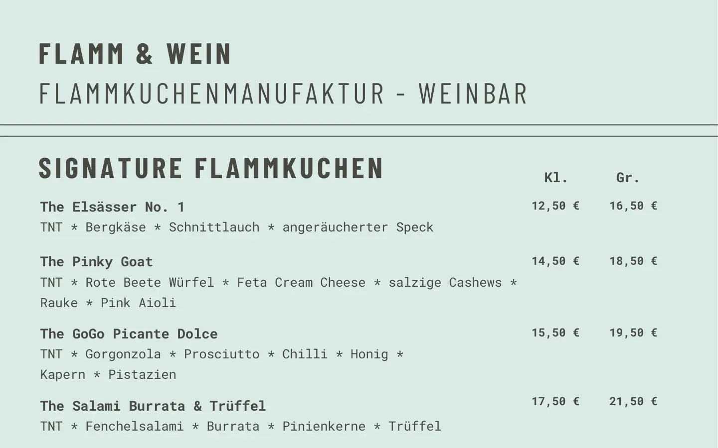 Aktuelle digitale Speisekarte von Flamm & Wein mit Signature Flammkuchen, Zutaten und zwei Portionsgrößen