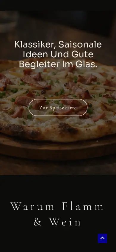 Mobiler Einstieg zur aktuellen Speisekarte von Flamm & Wein mit Flammkuchenmotiv und direktem Menü-Link