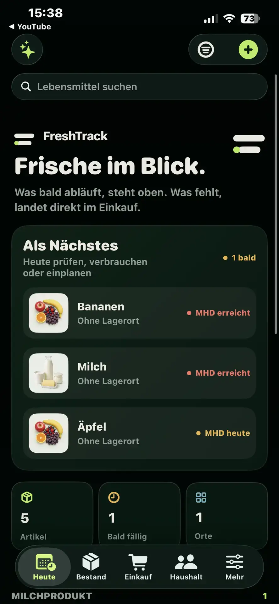Aktuelle FreshTrack-Personal-App mit Frischeübersicht, priorisierten Lebensmitteln und Navigation zu Bestand und Einkauf