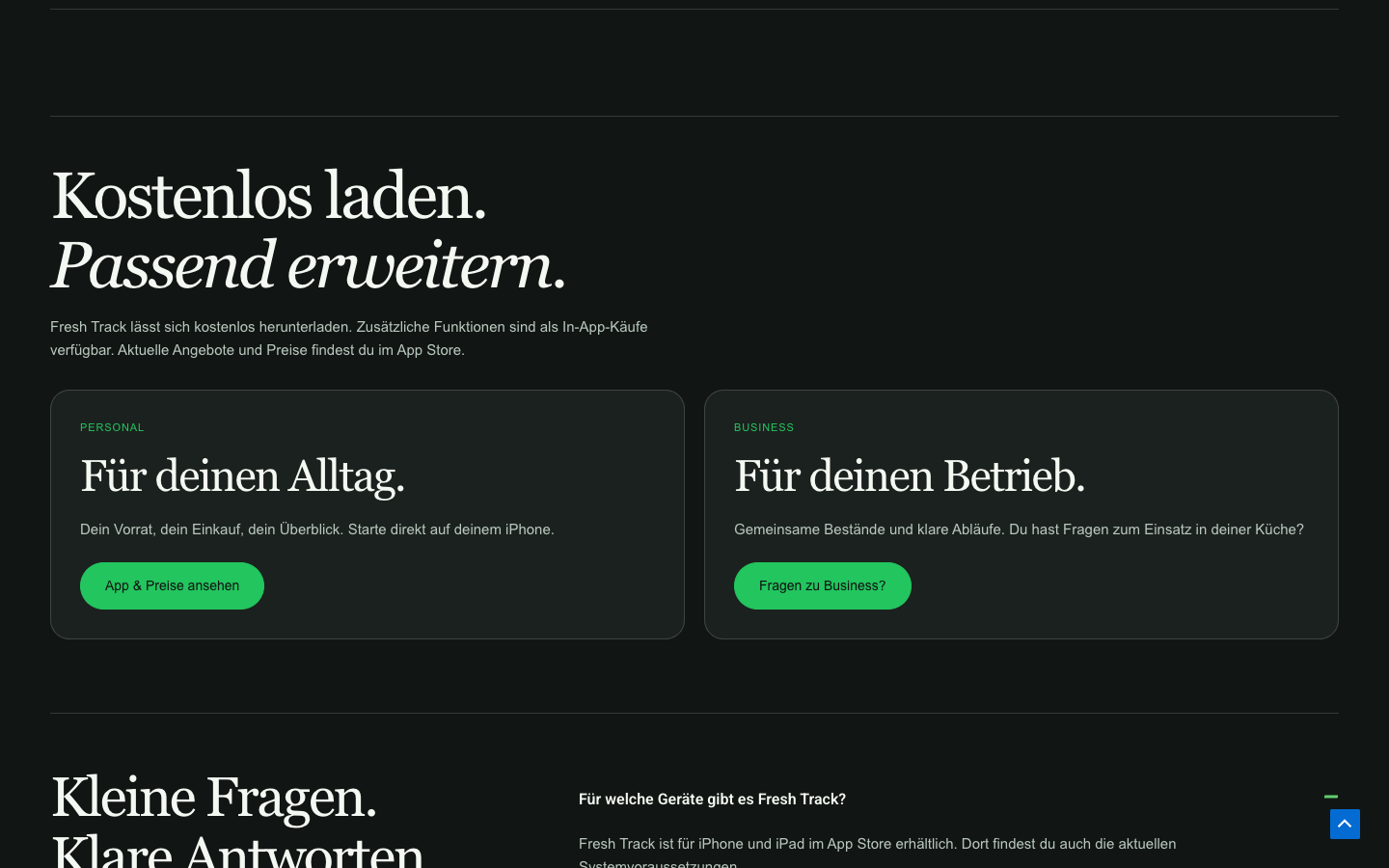 Neue Fresh-Track-Website mit getrennten Einstiegen für Personal im Alltag und Business im Betrieb