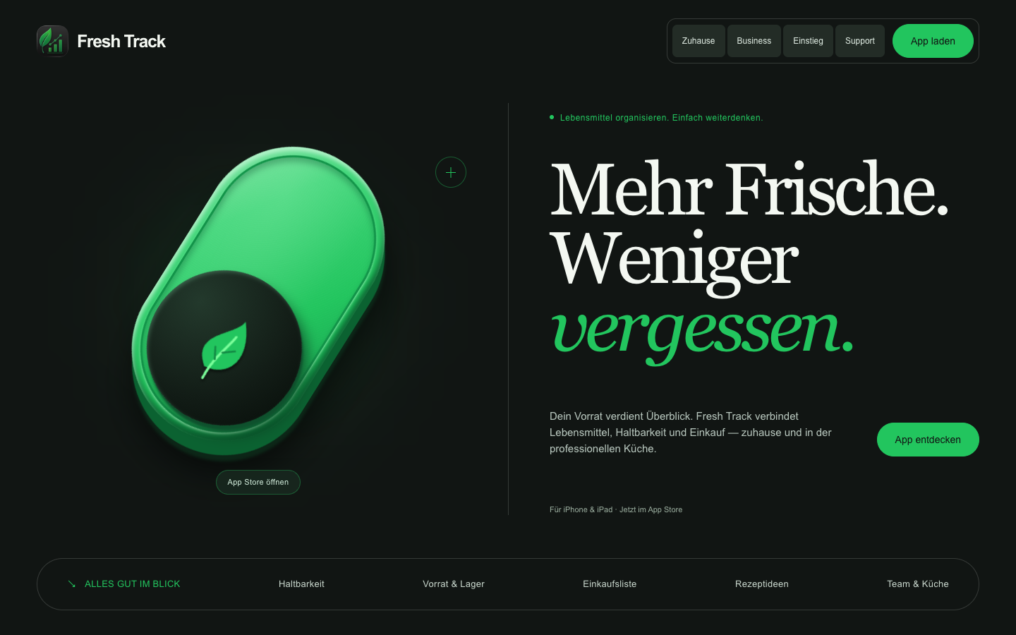 Neue Fresh-Track-Website mit grünem Hero und dem Nutzenversprechen Mehr Frische, weniger vergessen