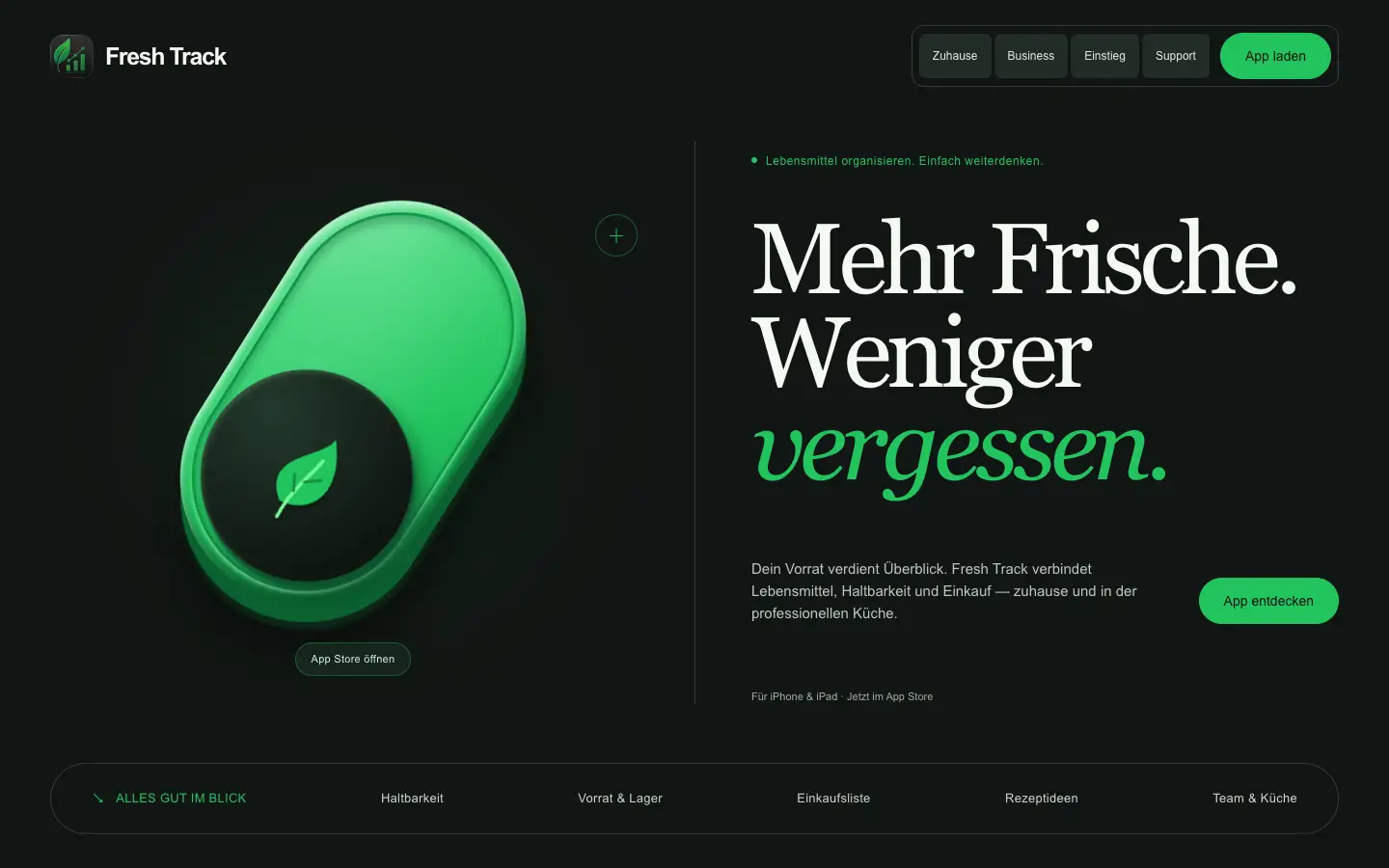 Neue Fresh-Track-Website mit grünem Hero und dem Nutzenversprechen Mehr Frische, weniger vergessen