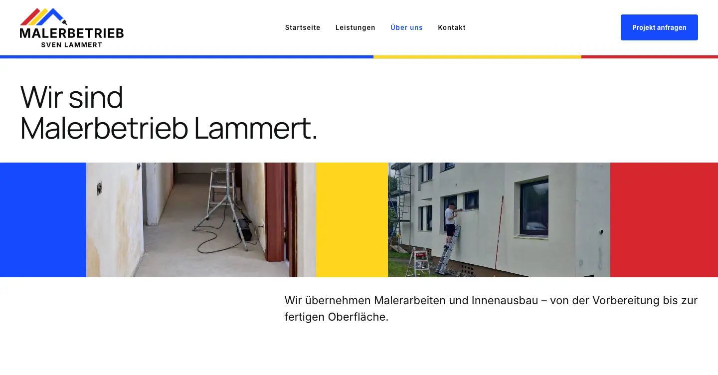 Über-uns-Seite von Malerbetrieb Sven Lammert mit echten Arbeitssituationen und der dreifarbigen Bildgestaltung
