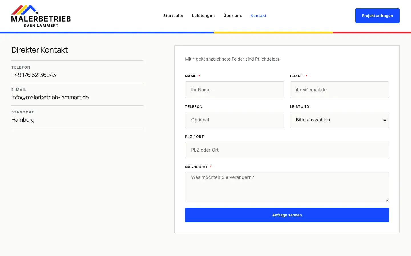 Desktop-Kontaktseite von Malerbetrieb Sven Lammert mit direktem Kontakt, Leistungsauswahl und Projektformular