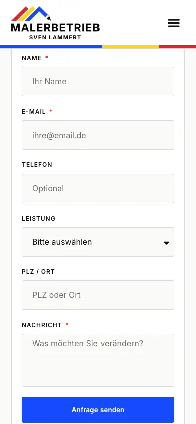 Mobiles Anfrageformular von Malerbetrieb Sven Lammert mit Kontaktfeldern, Leistungsauswahl und Anfrage-Button
