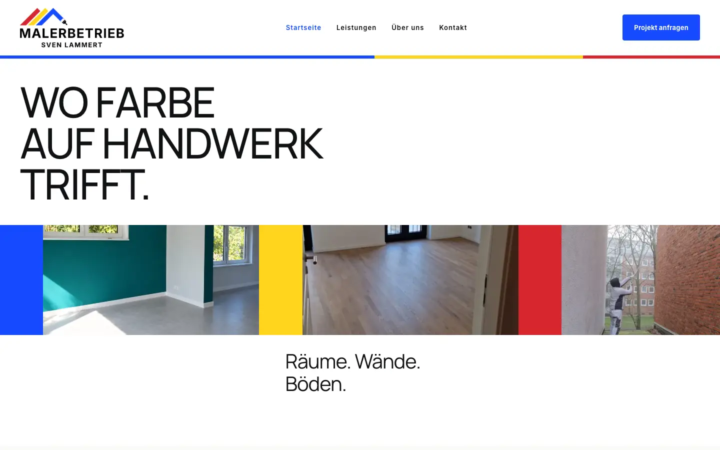 Startseite des Malerbetriebs Sven Lammert mit dreifarbigem Logo, prägnanter Überschrift und echten Arbeitsfotos