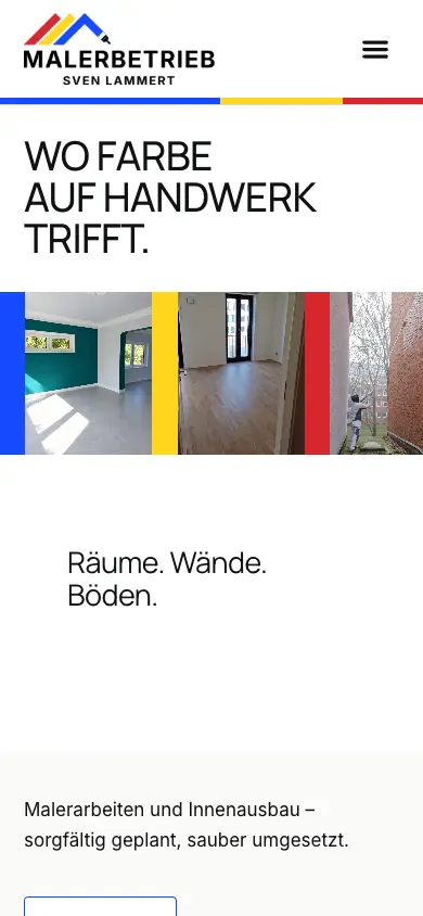Mobile Startseite von Malerbetrieb Sven Lammert mit Logo, kompakter Navigation und farbig gegliederten Arbeitsfotos