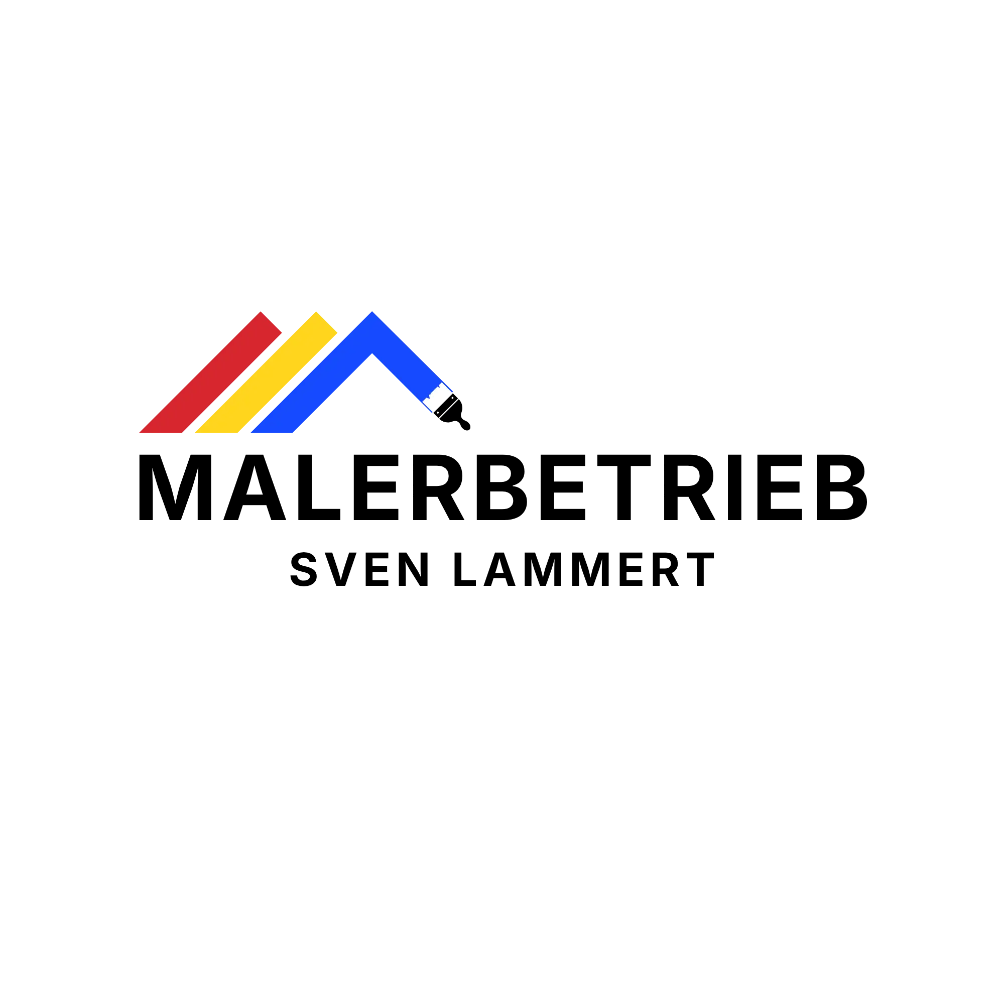 Original-Logo des Malerbetriebs Sven Lammert mit rot-gelb-blauem Dach- und Pinselsymbol sowie schwarzer Wortmarke