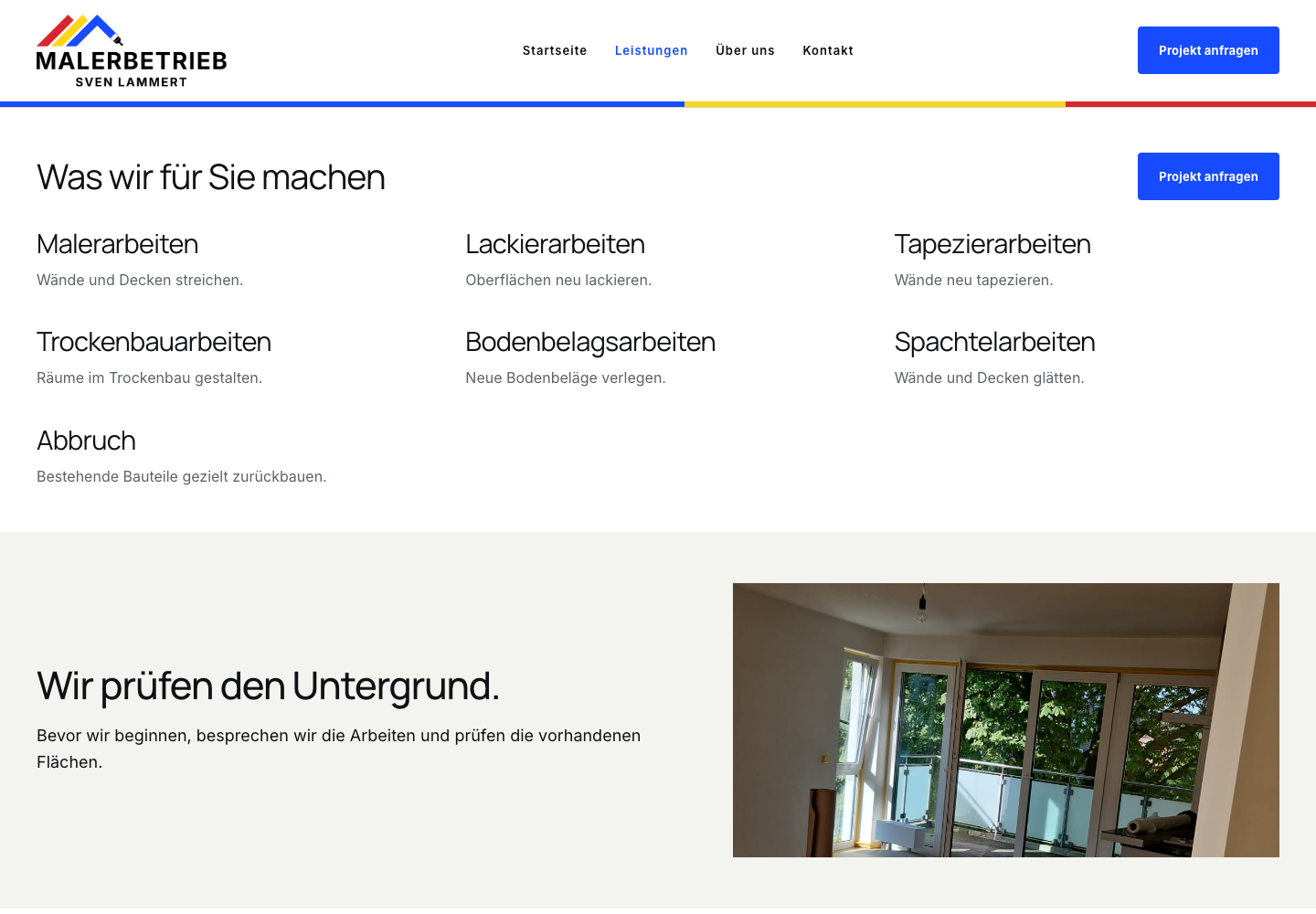 Desktop-Leistungsübersicht von Malerbetrieb Sven Lammert mit sieben Arbeitsbereichen und Vorbereitung der Untergründe