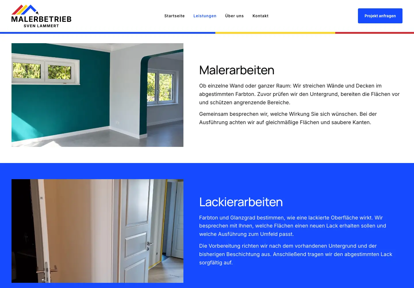 Gestaltung der Leistungsdetails für Maler- und Lackierarbeiten mit echten Raumfotos und blauer Markenfläche