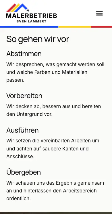 Mobiler Arbeitsablauf von Malerbetrieb Sven Lammert mit Abstimmen, Vorbereiten, Ausführen und Übergeben