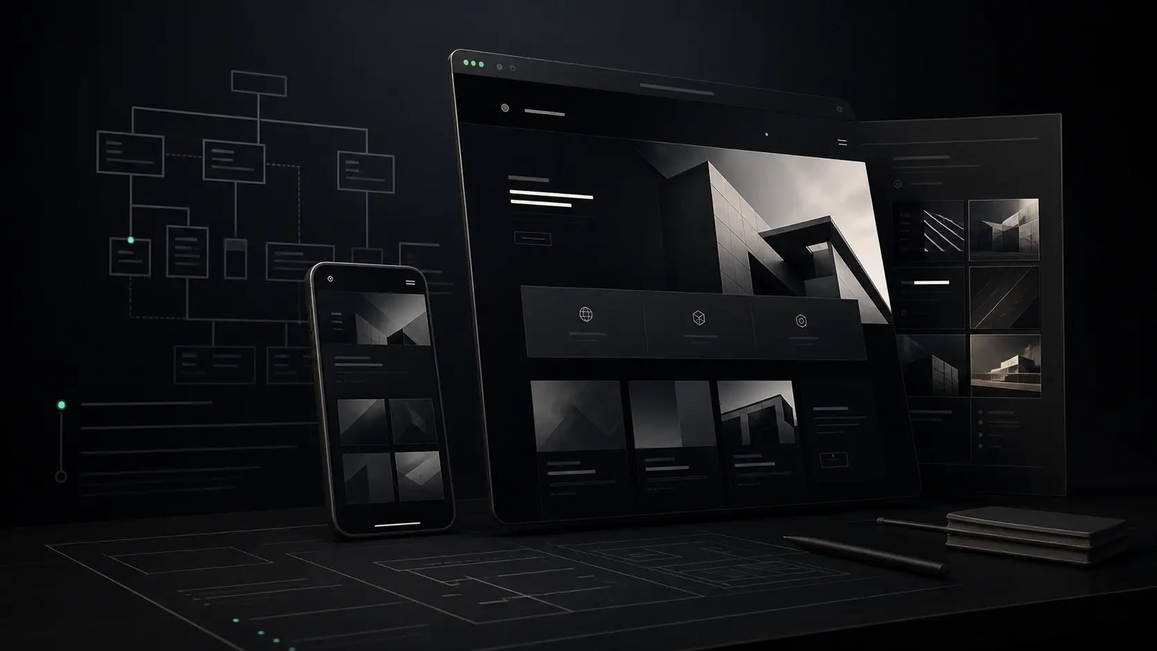 Interface-System einer Unternehmenswebsite mit Navigation, Komponenten und Anfrageweg